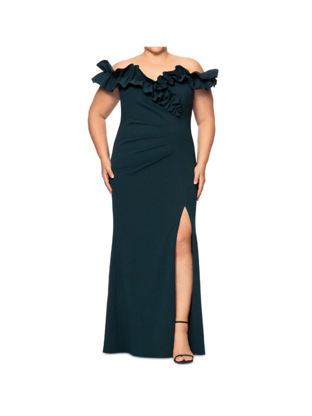 XSCAPE Womens Plus Ruffled Off The Shoulder Neckline Gown Pine Size 18W NWT